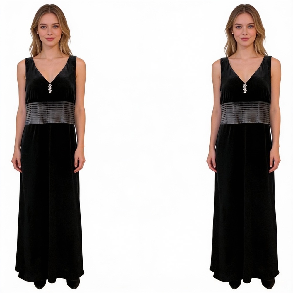 COLDWATER CREEK Black Velvet Sleeveless V-Neck Long Embellished Gown Size 16